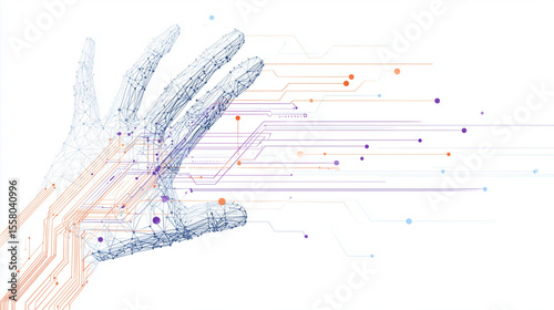 A digital hand connected to a network of lines and dots on a white background in a modern design