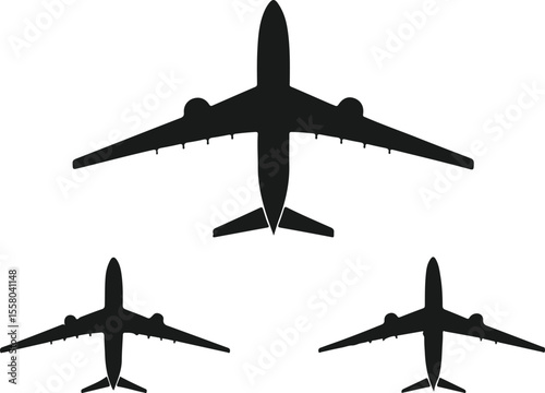 silhouetted airplanes flying in formation from above against white background