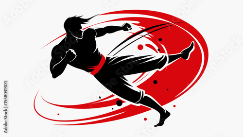 Martial Arts Motion Illustrations – Dynamic Fighters in Stylized Red and Black Swirls