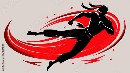 Martial Arts Motion Illustrations – Dynamic Fighters in Stylized Red and Black Swirls