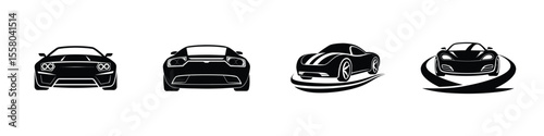 Rear-Facing Silhouette of Sculpted Sports Car Speeding Forward Isolated on White Background
