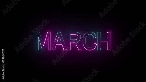 Abstract glowing march month neon line black background.Glowing colorful light neon text month of march .