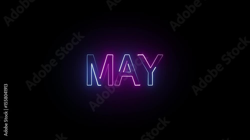 Neon May text animation on black background.May month neon line text concept.3nd month of year