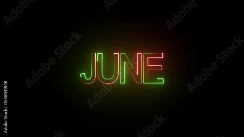 Glowing neon shine month name June text icon animation on black background, June Neon text animation, June neon creative video.