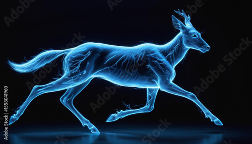 Patronus, A blue Doe constructed from energy, depicted in full view, run towards you at the beginning, then turn around and leave the frame at the end, in a state of sprinting at high speed, against a