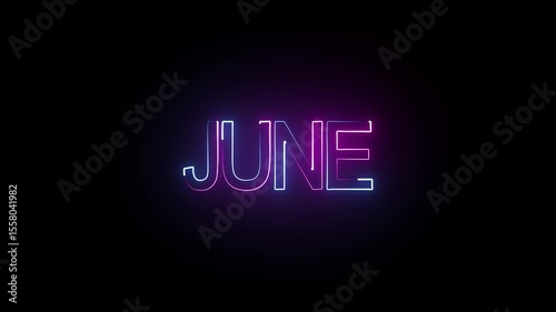 Glowing neon shine month name June text icon animation on black background, June Neon text animation, June neon creative video.