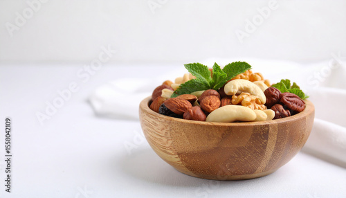 Nuts and dried fruit mix in a round bowl of wood against a rough white background.