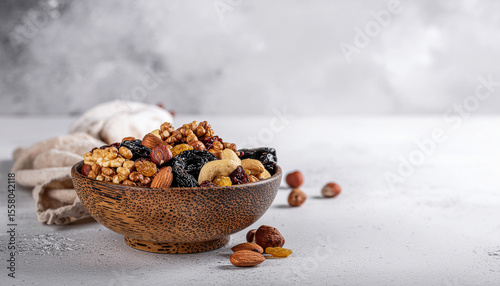 Nuts and dried fruit mix in a round bowl of wood against a rough white background.