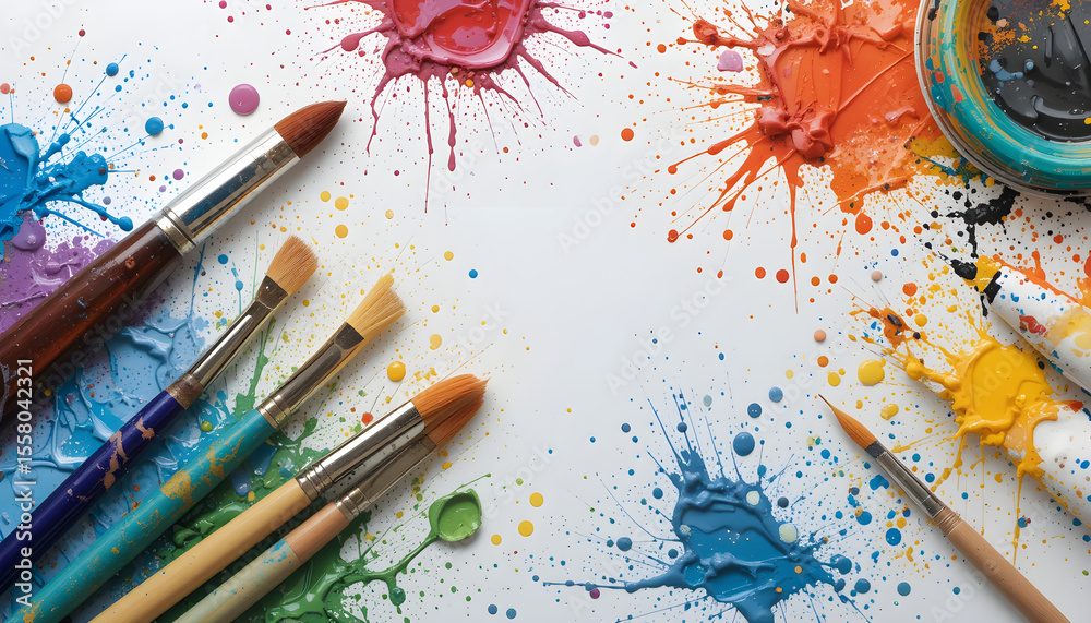 Fototapeta premium Paint Brushes and Colorful Splashes Flatlay