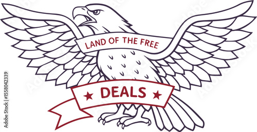 Eagle Symbol Deals: A majestic eagle design, emblem of freedom, banners the promise of exceptional deals and opportunities with bold declaration "Deals" and "Land of the free".