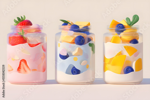2D minimal vector illustration of three glass jars with overnight oat milk , topped with fruits.