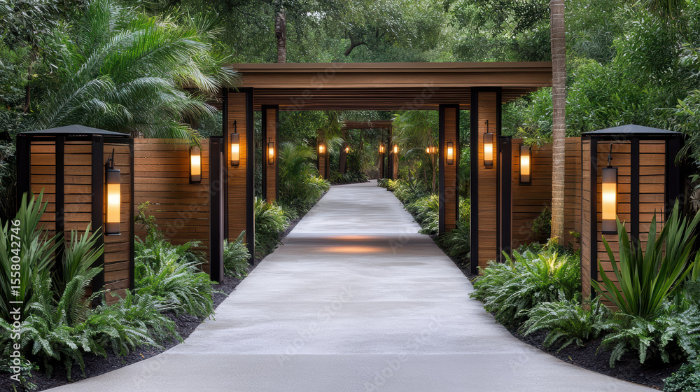 Obraz premium Serene walkway surrounded by lush ferns and warm lighting creates tranquil atmosphere