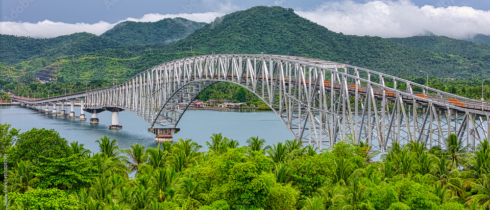 Fototapeta premium Lush Green Landscape Framing San Juanico Bridge