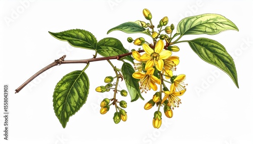 Vibrant Yellow Flowering Branch with Green Leaves Illustrating Natural Beauty of Flora in Detailed Botanical Style