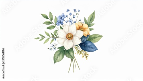 Beautiful Floral Arrangement with White Flower, Blue Blooms, Green Leaves, and Yellow Accent Blossoms in Elegant Botanical Style