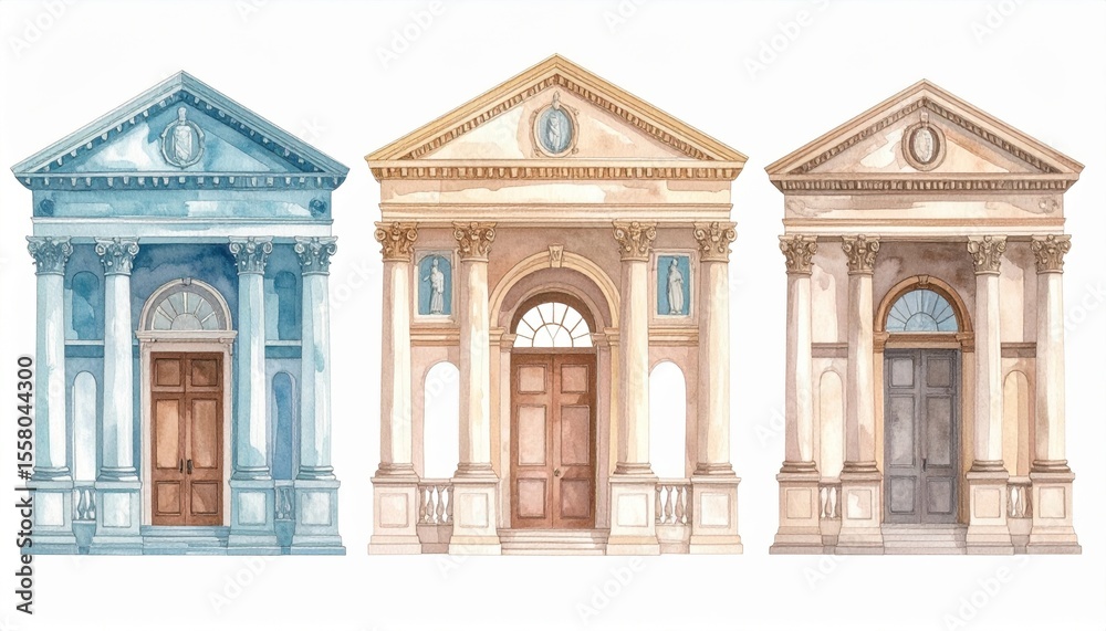 Obraz premium Watercolor Architectural Illustrations of Classic Doors with Intricate Details and Unique Designs in Three Distinct Styles