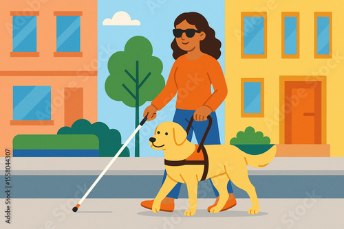 Blind Woman with Guide Dog Walking on Urban Sidewalk Flat Modern Vector Illustration