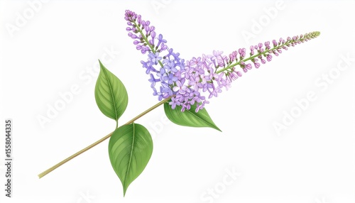 Beautiful Illustration of a Decorative Branch with Colorful Lilac Flowers and Lush Green Leaves Against a White Background