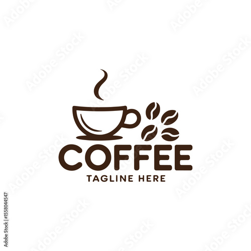 Minimalist Coffee Shop Logo with Cup, Steam, Beans and Bold Text, Ideal for Branding and Design Projects