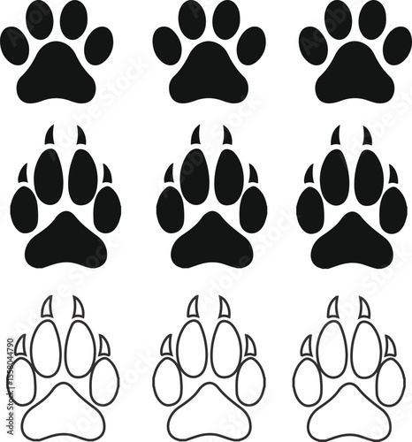 Collection of black and white paw print icons representing different animals and styles