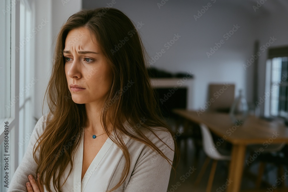 A woman stands by a window, looking worried and anxious, reflecting deep concern and mental stress in her expression A woman stands by a window, looking worried and anxious, reflecting deep concern and mental stress in her expression