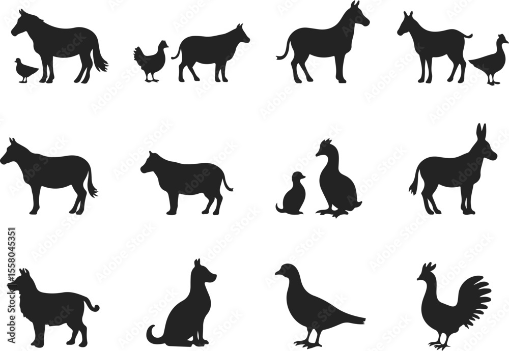 Fototapeta premium Collection of farm animal silhouettes including horses cows chickens donkeys and geese
