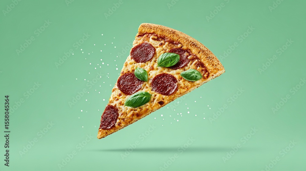 Fototapeta premium Close-up of a pepperoni pizza slice in mid-air.