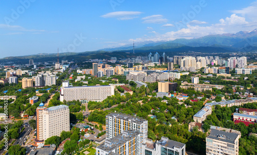 View from a quadcopter to the Central part of the Kazakh city of Almaty on a summer evening