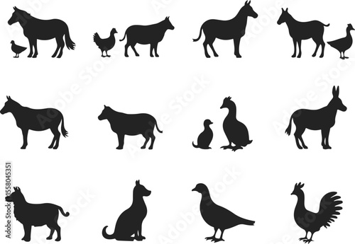 Collection of farm animal silhouettes including horses cows chickens donkeys and geese
