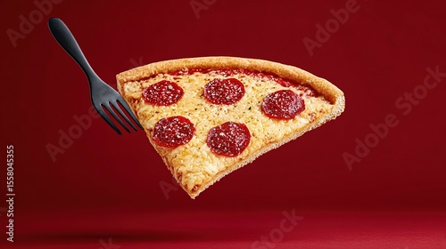 Pizza slice held aloft by a black fork.