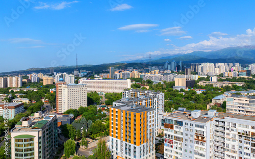 View from a quadcopter to the Central part of the Kazakh city of Almaty on a summer evening
