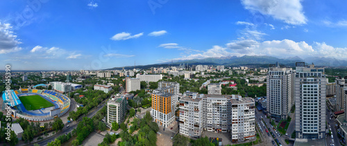 View from a quadcopter to the Central part of the Kazakh city of Almaty on a summer evening