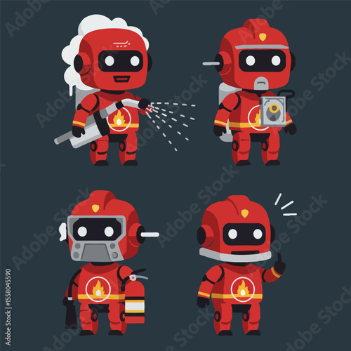 set minimalist geometric flat vector design of mini fire prevention robots
