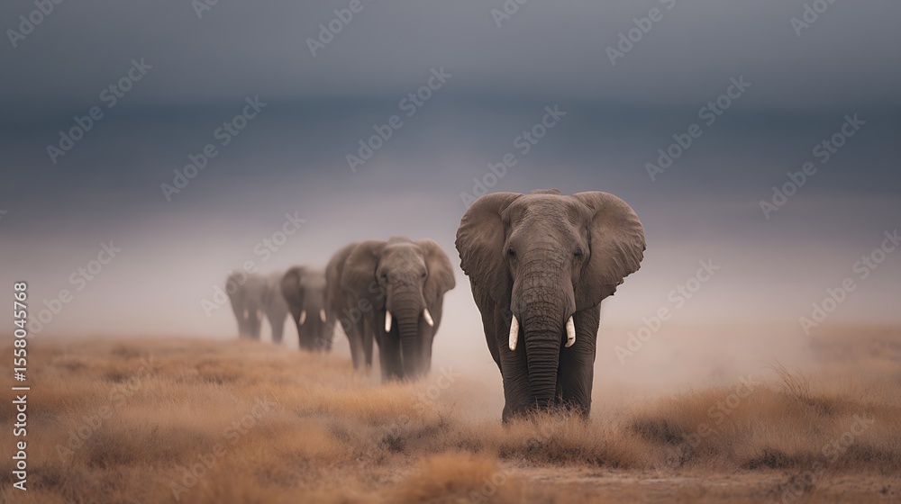 Fototapeta premium Elephant herd dusty trek
