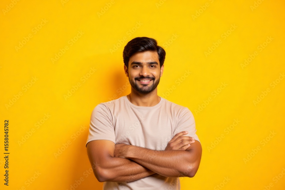 Fototapeta premium A man smiles confidently against a bright yellow background.
