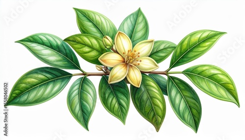 Vibrant Green Leaves and Delicate Yellow Flower Arrangement on a White Background Showcasing Nature's Beauty and Elegance Ideal for Botanical Illustrations