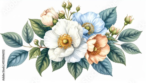 Delicate Arrangement of Soft-Pastel Flowers with Leaves in a Watercolor Style for Elegant Design Projects and Floral Themed Artwork