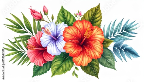 Vibrant Tropical Hibiscus Flowers with Lush Green Leaves and Delicate Buds in a Stunning Floral Arrangement
