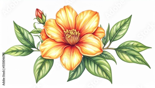 Vibrant Orange Flower with Green Leaves and Buds in Detailed Botanical Illustration for Floral Design Lovers