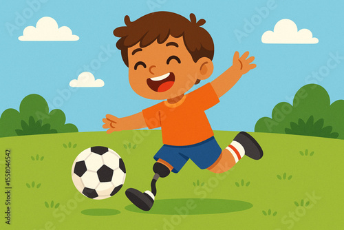 Happy Child with Prosthetic Leg Kicking Soccer Ball on Green Field Cartoon Vector Illustration