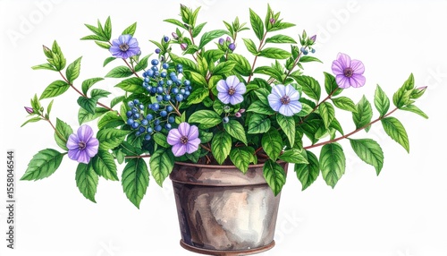 Beautiful botanical artwork of a potted plant featuring vibrant flowers and lush green leaves in an elegant metal container, perfect for nature lovers and home decor enthusiasts