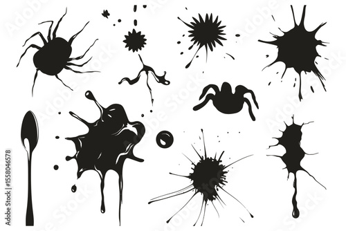 Set of splattered ink blots and liquid drops

