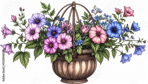 Vibrant Floral Arrangement in Basket with Colorful Petunias and Bellflowers for Spring Decor and Nature Inspired Artwork