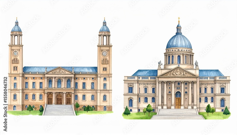Naklejka premium Detailed Architectural Illustration of Two Historic Buildings with Domes and Towers Showcasing Classic Design Elements and Beautiful Facades