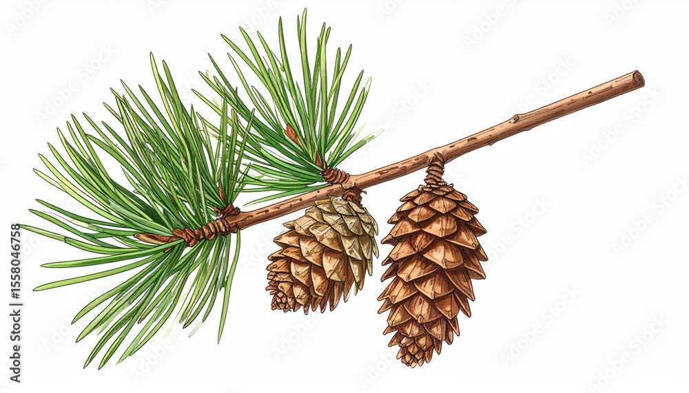 Fototapeta premium Detailed Illustration of Pine Branch with Green Needles and Brown Cones Highlighting Natural Beauty and Texture in Botanical Art