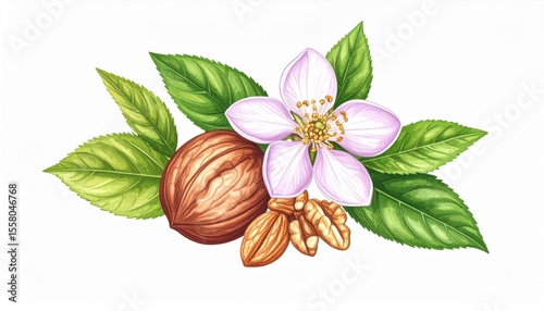 Detailed Illustration of Nut with Flower and Leaves, Featuring Natural Elements, Bright Colors, and Organic Composition for Culinary and Botanical Use