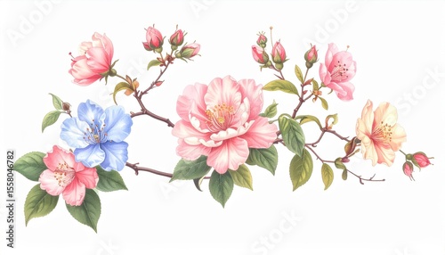 Delicate Floral Arrangement of Pink, Blue, and Yellow Flowers with Green Leaves Against a White Background for Elegant Decor and Design