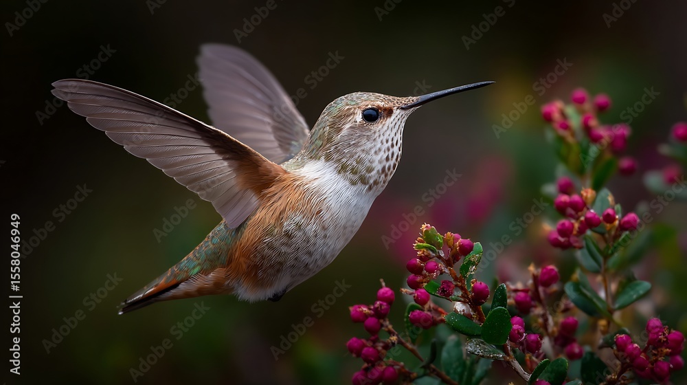 Obraz premium Hummingbird sips flower nectar