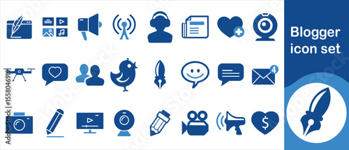 Blogger icon set, set, video, blogger, blogging, service, camera, vector, outline, network, icon, collection, like, blog, sign, social, media, popular, record and more
