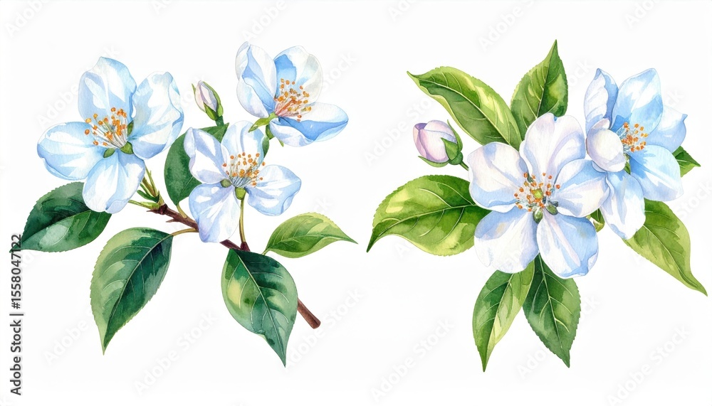 Fototapeta premium Delicate White Blossoms with Green Leaves Rendered in a Soft Watercolor Style for Nature and Floral Illustrations